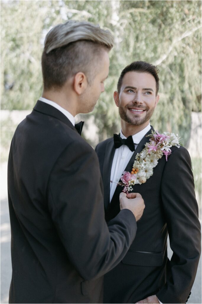 Gay Wedding Floral Lapel Groom Glam Dapper Status Salon Beauty Agency